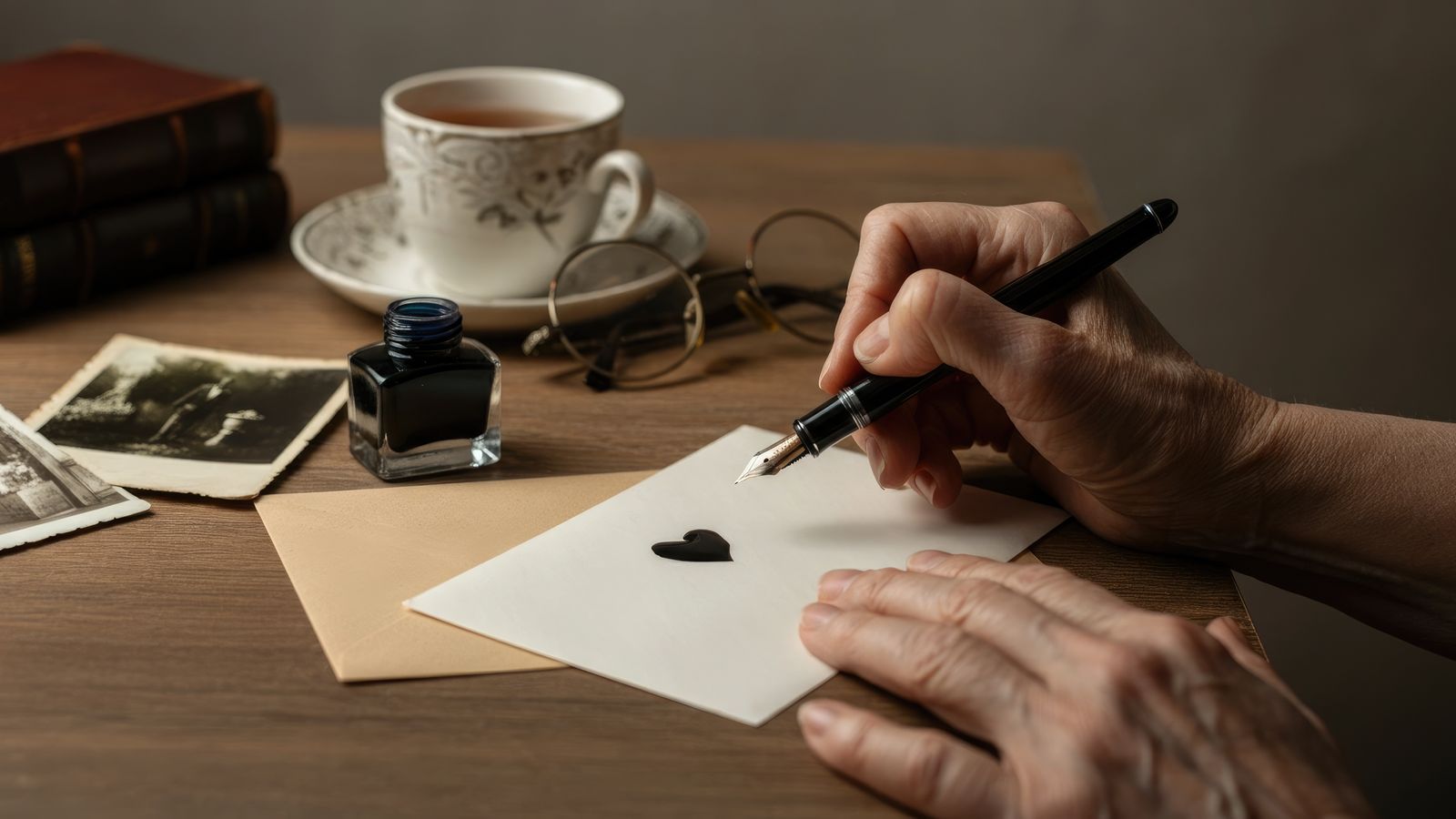 A pen resting on a blank notecard beside an envelope on a wooden desk